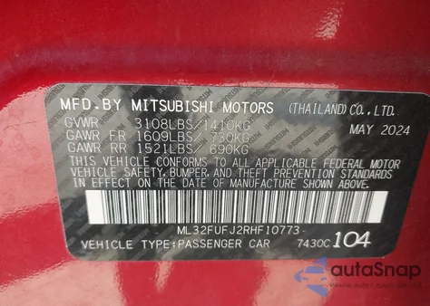 2024 Mitsubishi Mirage G4 Black Edition из США, поврежденный, VIN ML32FUFJ2RHF10773